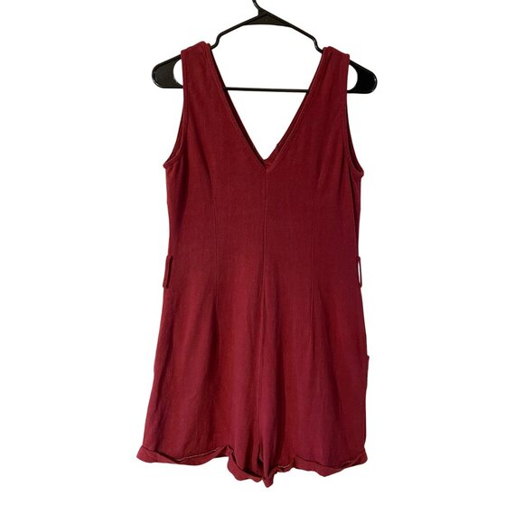 Womens Sleeveless Burgundy Button-Front Romper W Pockets 80%Viscose & 20%Linen M - Picture 4 of 12